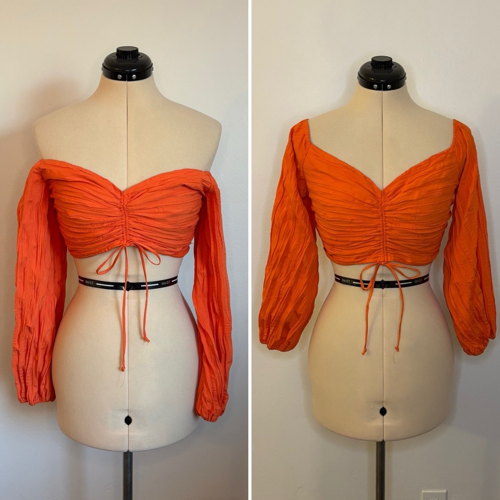 Urban Outfitters UO Jessina Off-The-Shoulder Blouse, Orange Long Sleeve Crop, M